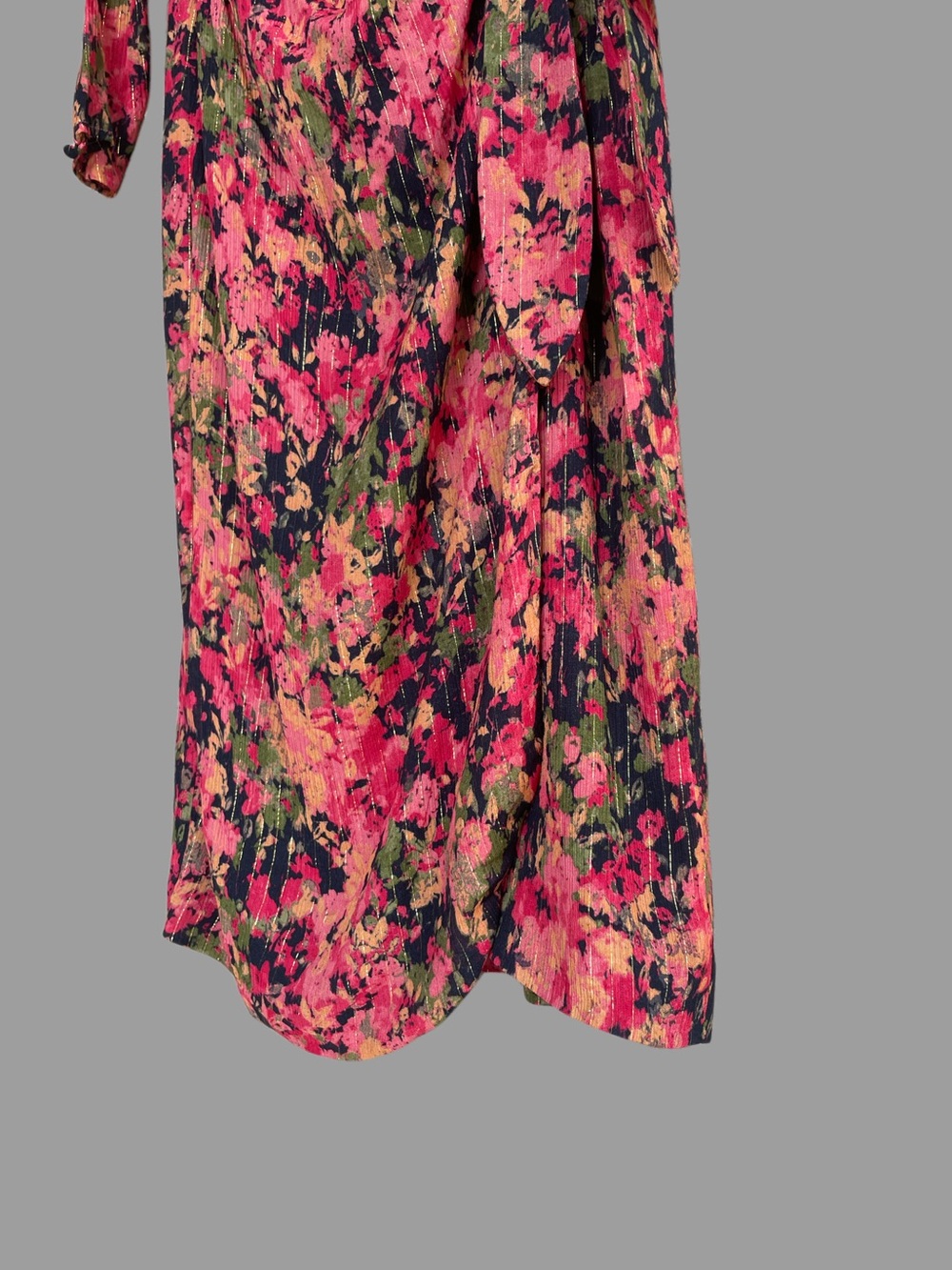 SEZANE Metallic Pink Floral Printed Long Sleeve V Neck Armonie Silk Wrap Dress - Picture 6 of 14